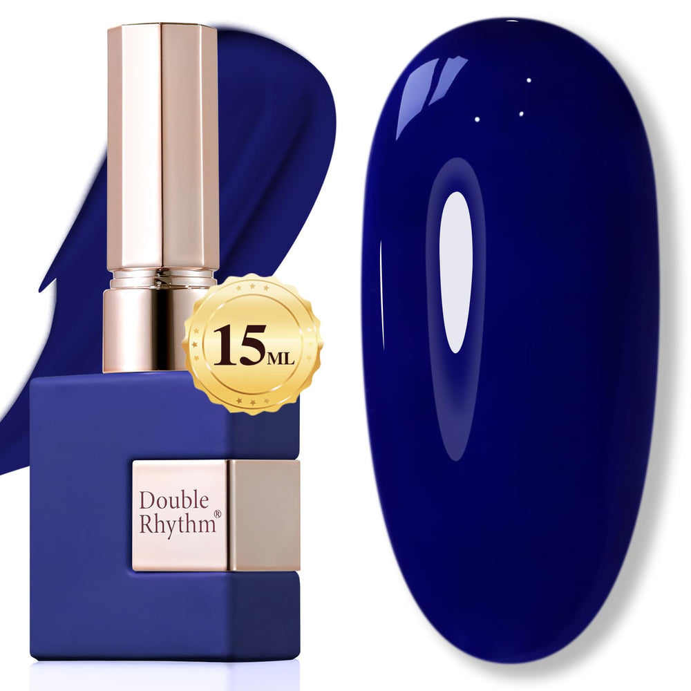 Double Rhythm front bottle showing deep navy color and glossy finish benefit
