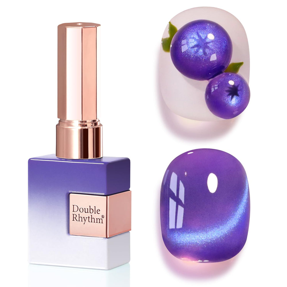 Double Rhythm front bottle showing navy cat eye polish and shiny finish