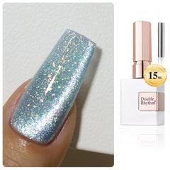 Double Rhythm front bottle Rainbow Blue showing holographic shimmer and precise applicator for salon finish