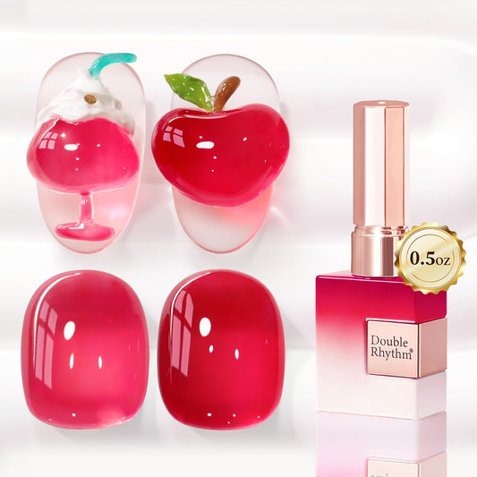 Double Rhythm front bottle showing milky red gel and glossy finish benefit