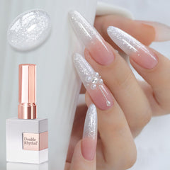 Double Rhythm bottle front view showing white flake glitter and brand clarity