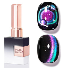 Double Rhythm front bottle showing blue-pink holographic gel and magnet, creates shimmering cat-eye