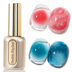 Double Rhythm front bottle showing label and golden-clear gel, highlighting easy application