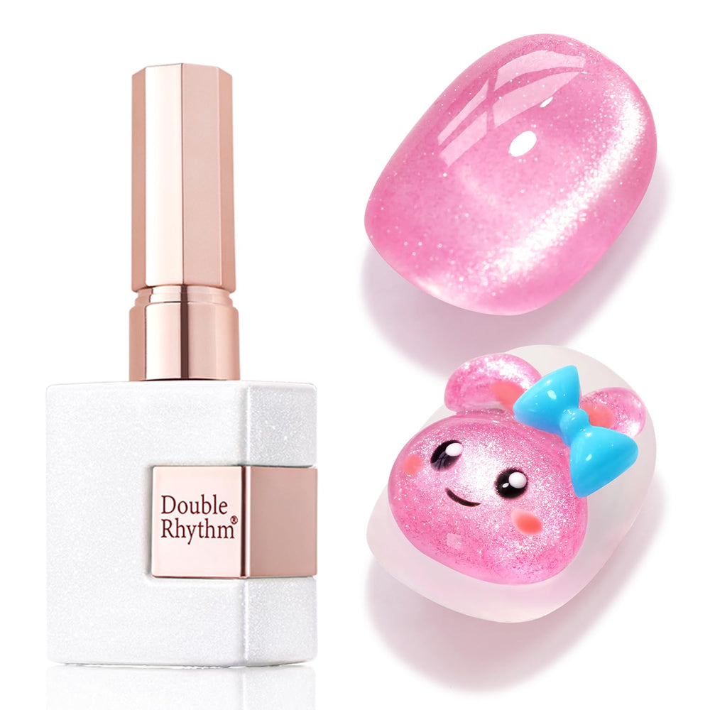 Double Rhythm bottle front view showing label and holographic pink shade, vibrant finish benefit