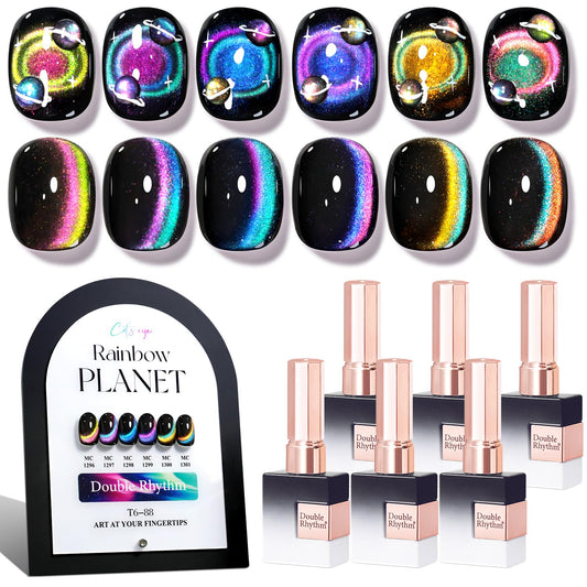 Double Rhythm front packaging showing six holographic bottles for vivid polish display