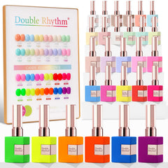 Double Rhythm front packaging showing 28-piece neon gel kit with full contents for easy selection