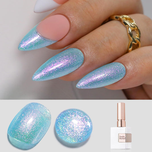 Double Rhythm front bottle showing ice blue holographic gel polish and easy-pour brush