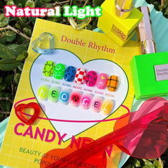 Double Rhythm in-use manicure photo of hands applying neon gel for salon-style DIY results