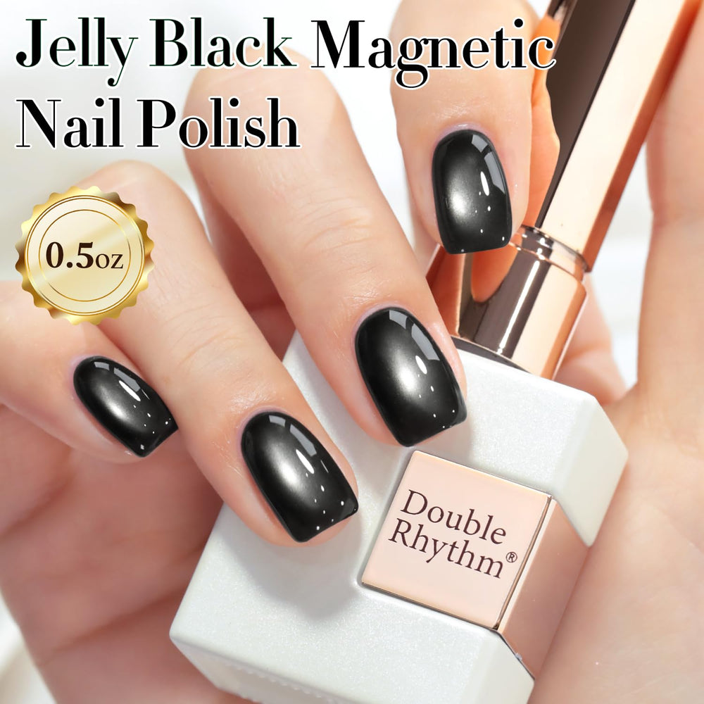 Double Rhythm nails on hand showing finished holographic cat-eye look