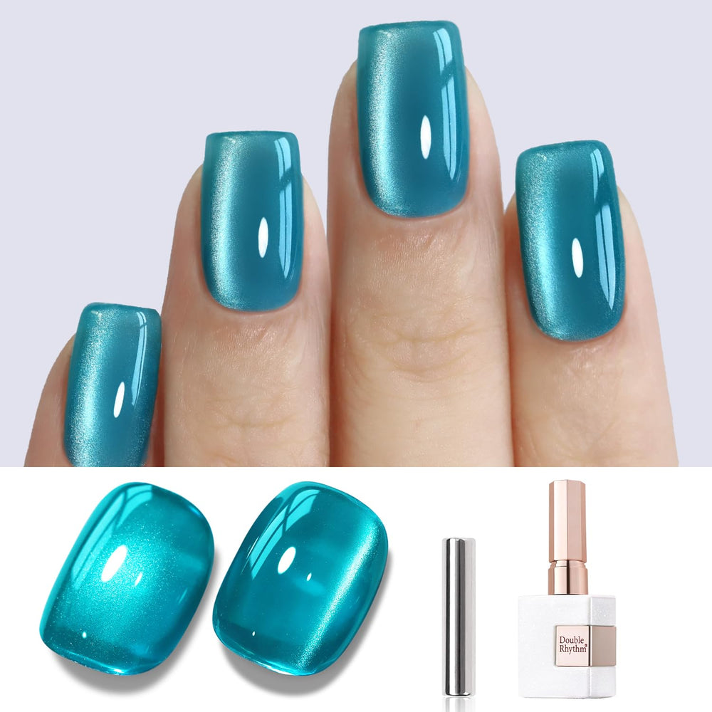 Double Rhythm bottle front view showing jelly teal color and holographic shimmer benefit