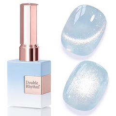 Double Rhythm bottle front showing light-blue holographic polish with clear labeling and benefit