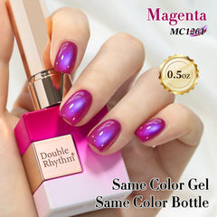 Double Rhythm magnet creating cat-eye stripe on nail for dramatic shimmer benefit