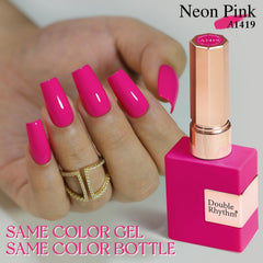 Double Rhythm mannequin hand styled manicure showing salon-quality neon pop