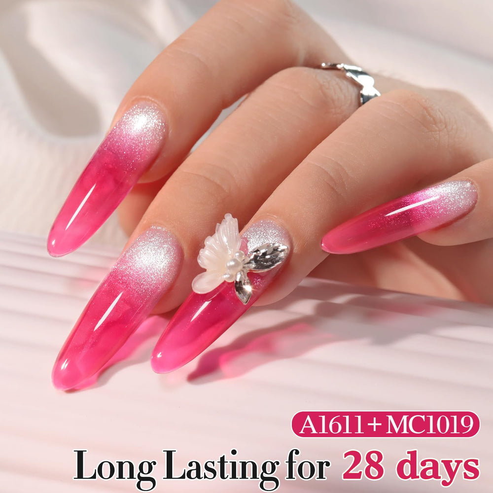 Double Rhythm layered sheer manicure on nails showing soft pastel depth and wearable style