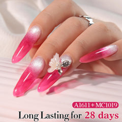 Double Rhythm layered sheer manicure on nails showing soft pastel depth and wearable style