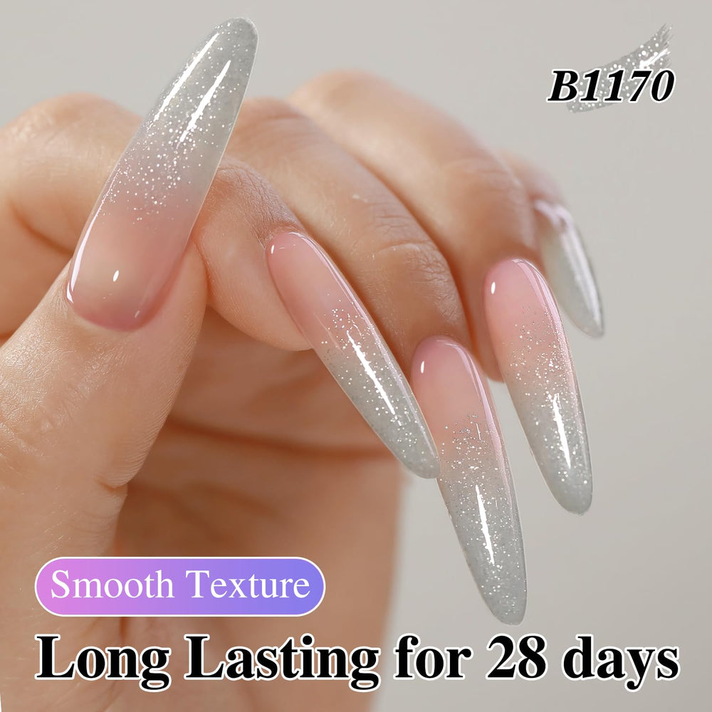 Full manicure finished with Double Rhythm glitter gel delivering durable shine