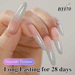 Full manicure finished with Double Rhythm glitter gel delivering durable shine