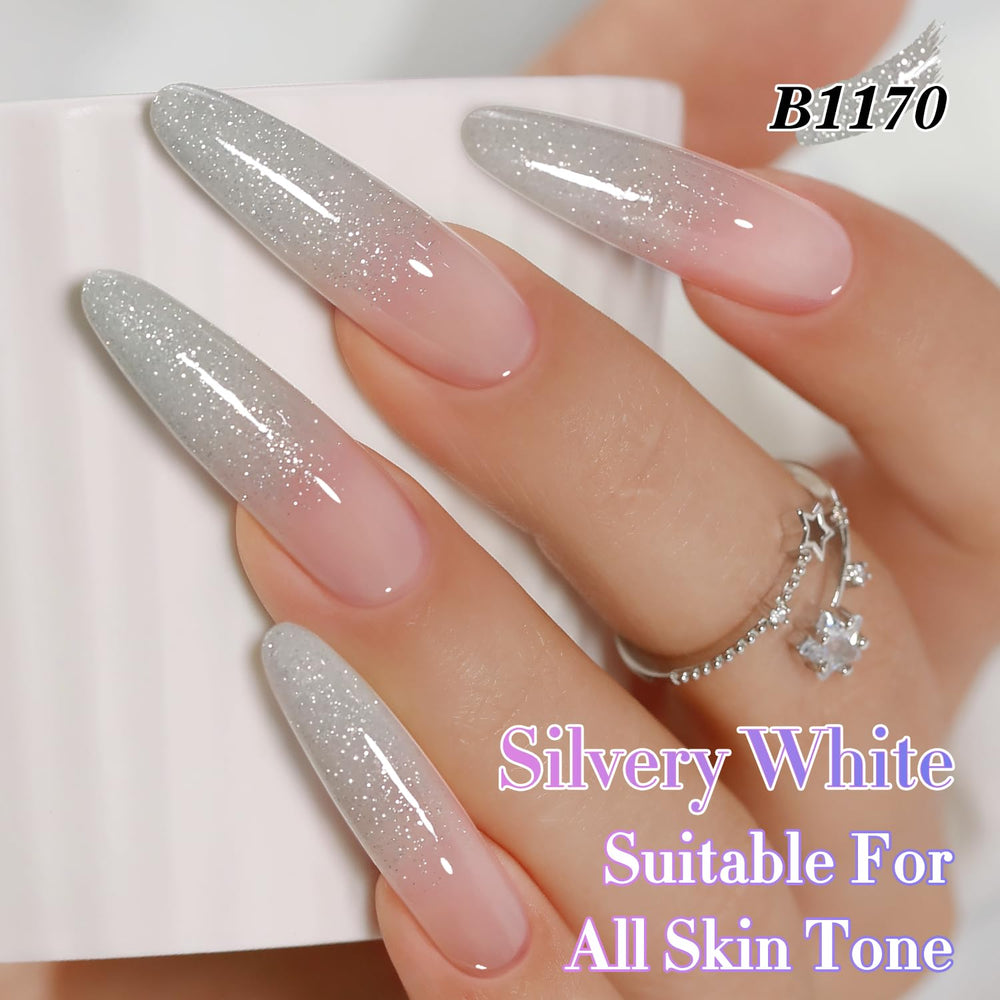 Single nail swatch of Double Rhythm Fairy Sparkle Silver showing salon gloss