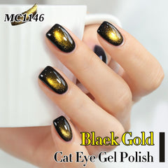 Double Rhythm finished nails in black gold showing salon-quality magnetic shimmer