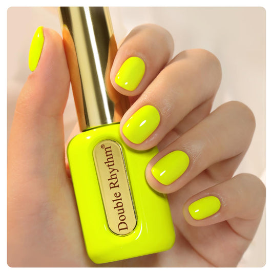 Double Rhythm neon yellow front bottle showing brand and translucent neon benefit
