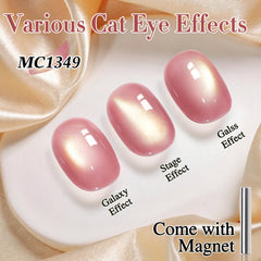 Double Rhythm on model’s nails with Nude Peach cat eye finish, showing salon-quality holographic shimmer