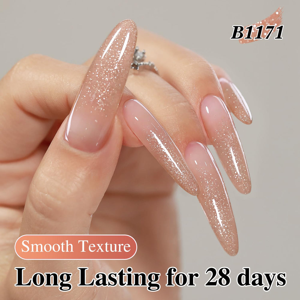 Double Rhythm nail swatch on hand displaying reflective shimmer and natural tone