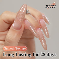 Double Rhythm nail swatch on hand displaying reflective shimmer and natural tone