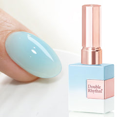 Double Rhythm front bottle showing pale blue color and label, durable builder gel benefit