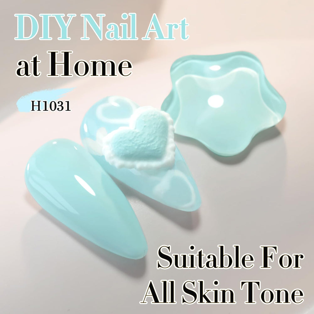 Double Rhythm swatch on nail tip displaying sheer pastel blue and glossy result