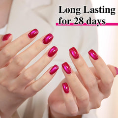 Double Rhythm magnet held over nail during application, benefit: creates defined cat-eye stripe