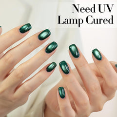 Double Rhythm worn on nails displaying shifting green holographic shimmer and depth