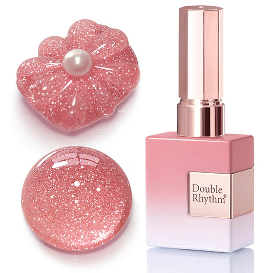 Double Rhythm bottle front view showing rose-pink glitter and glossy finish benefit