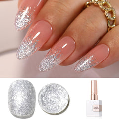 Double Rhythm bottle front view showing silver glitter polish and brand clarity