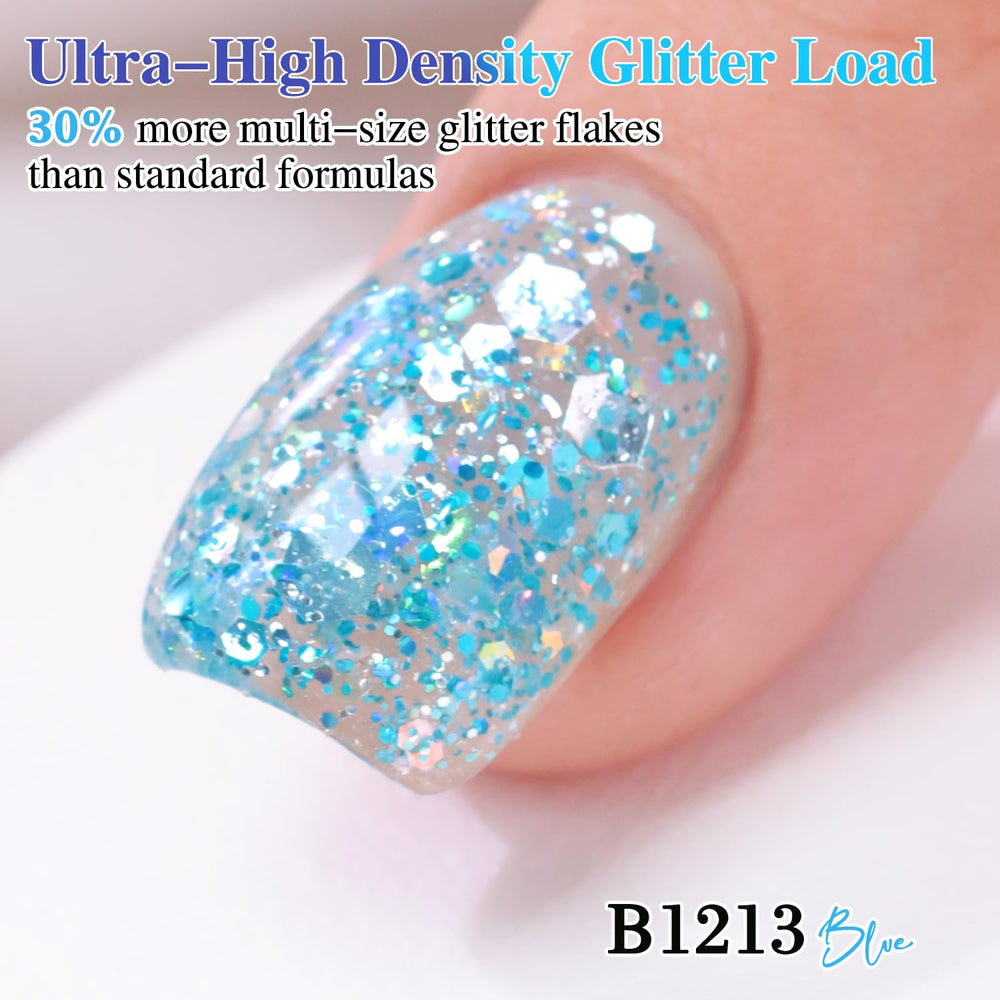 Close-up glitter particles of Double Rhythm Sparkle Blue showing reflective holographic depth