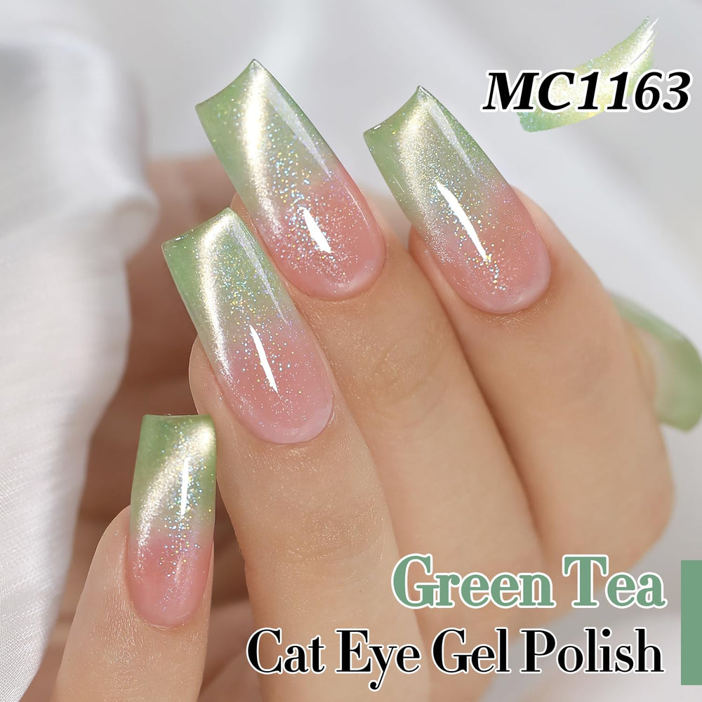Double Rhythm spring green magnet effect close-up showing holographic cat-eye shimmer