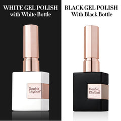 Double Rhythm square bottles with gold-handle brushes, easy-precise application benefit