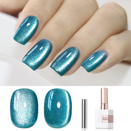 Double Rhythm bottle front view showing teal cat-eye gel and brand