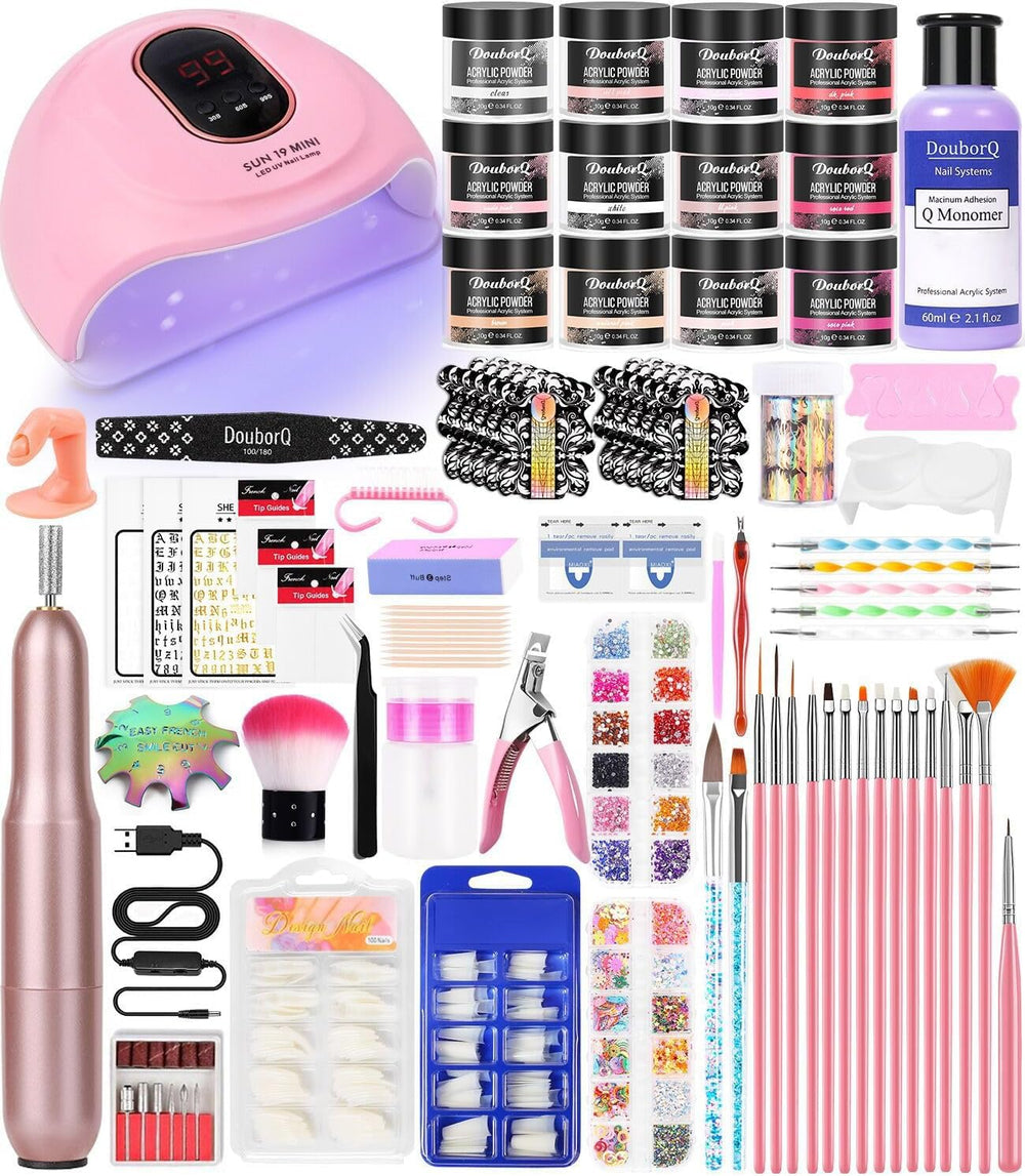 DouborQ full kit layout showing included tools and powders for easy home nail work