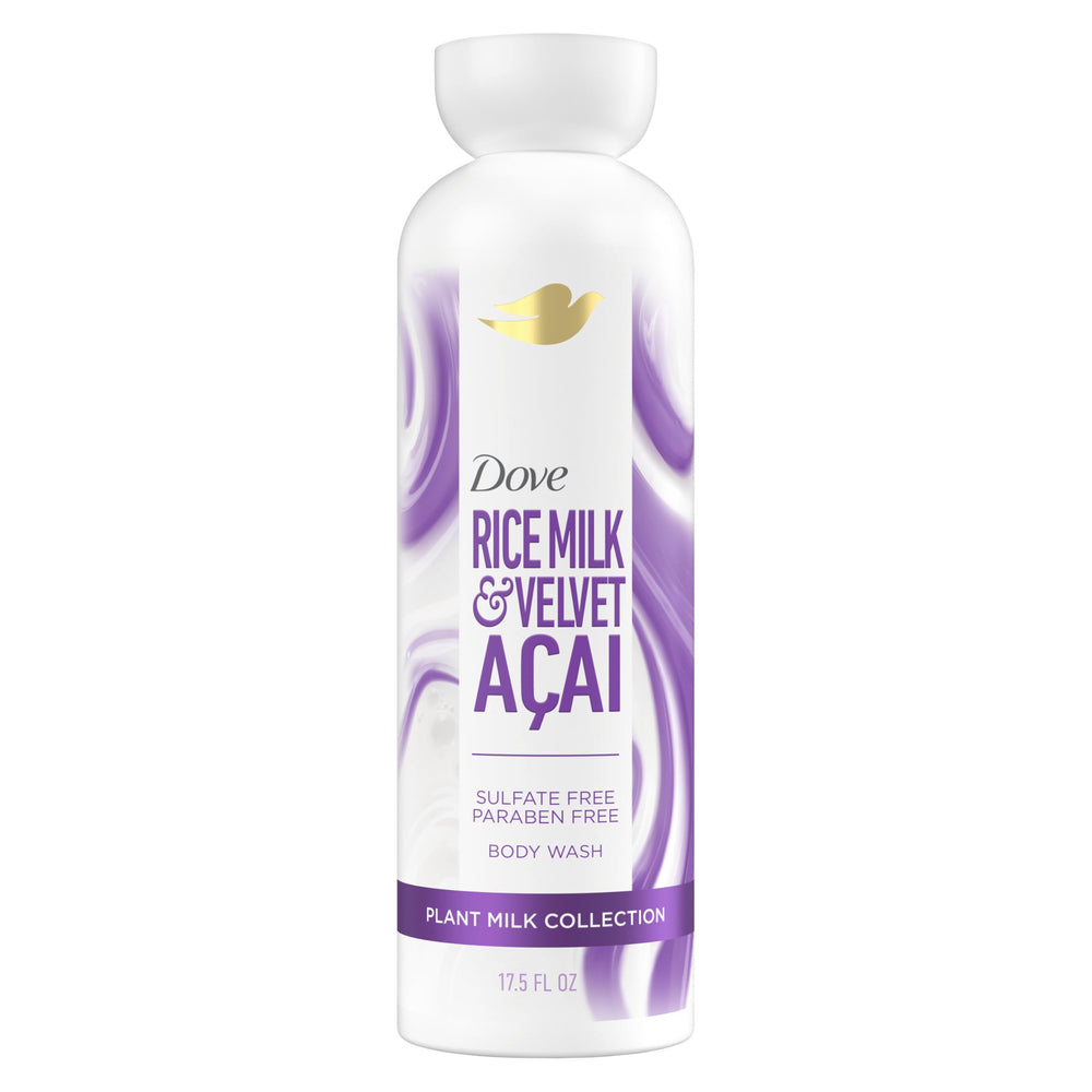 Dove front packaging showing Acai & Rice Milk and 17.5 fl oz size for hydration