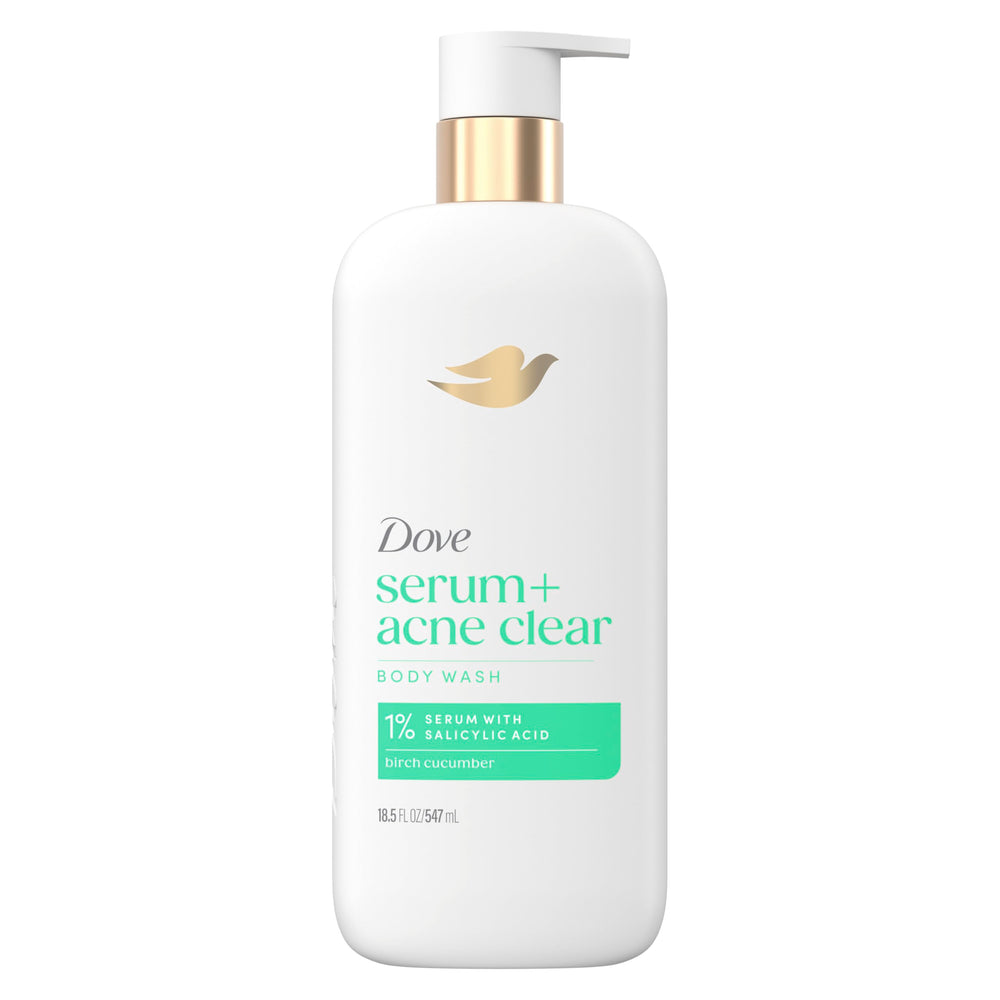 Dove bottle front packaging showing acne clear label and benefits