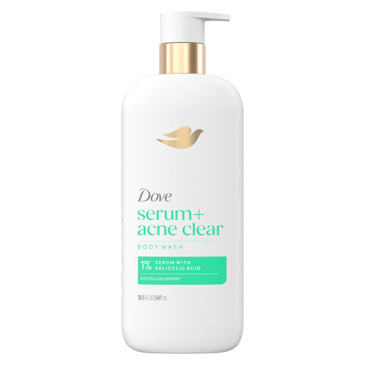 Dove bottle front packaging showing acne clear label and benefits