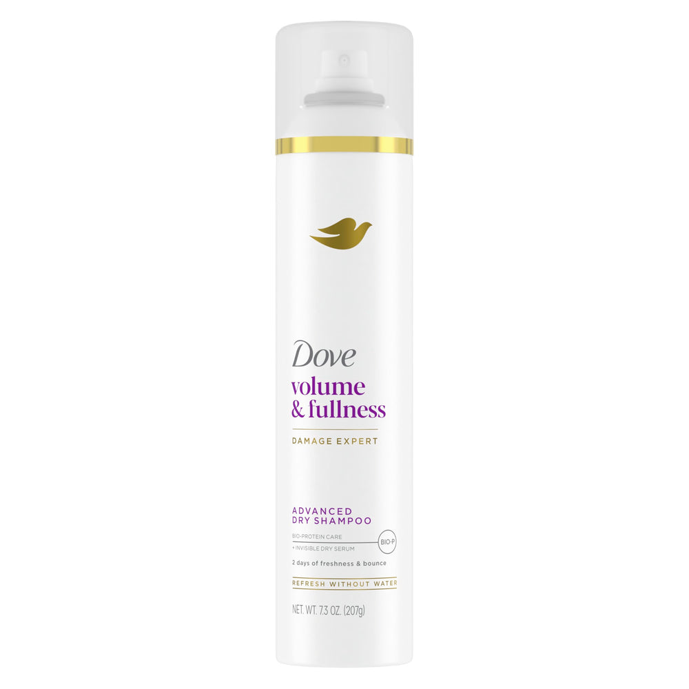 Dove Advanced dry shampoo front packaging showing 7.3 oz can and benefit of instant volume
