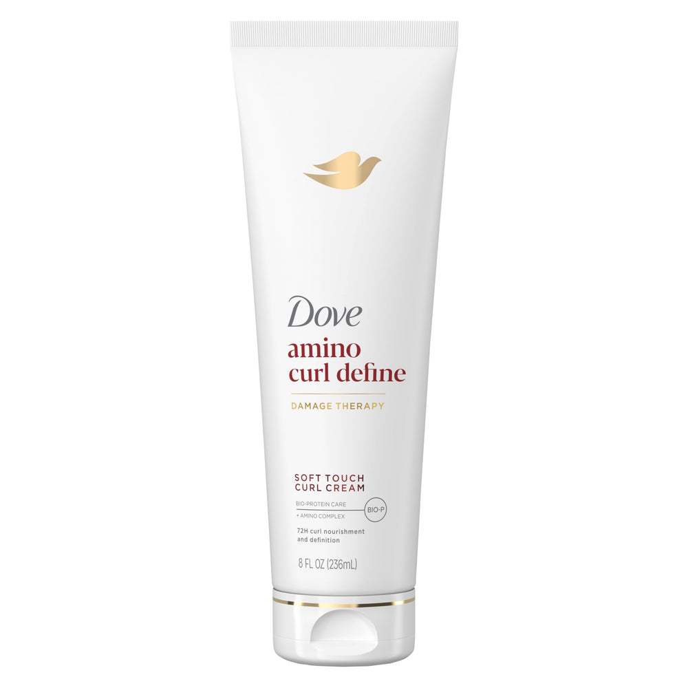 Dove bottle front view showing Amino Curl Cream for defined curls and nourishment