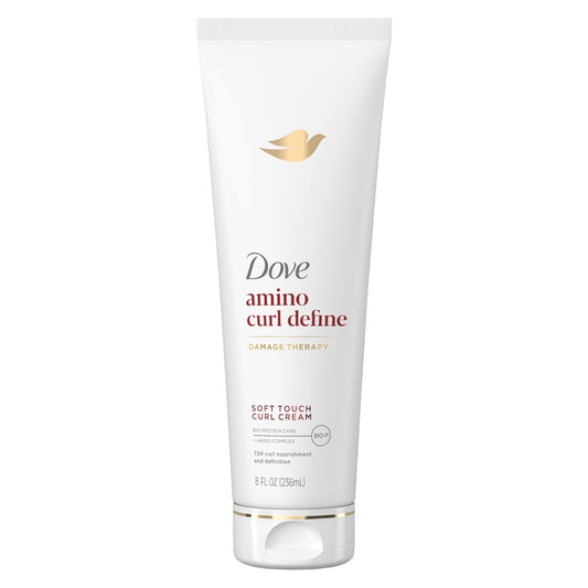 Dove bottle front view showing Amino Curl Cream for defined curls and nourishment