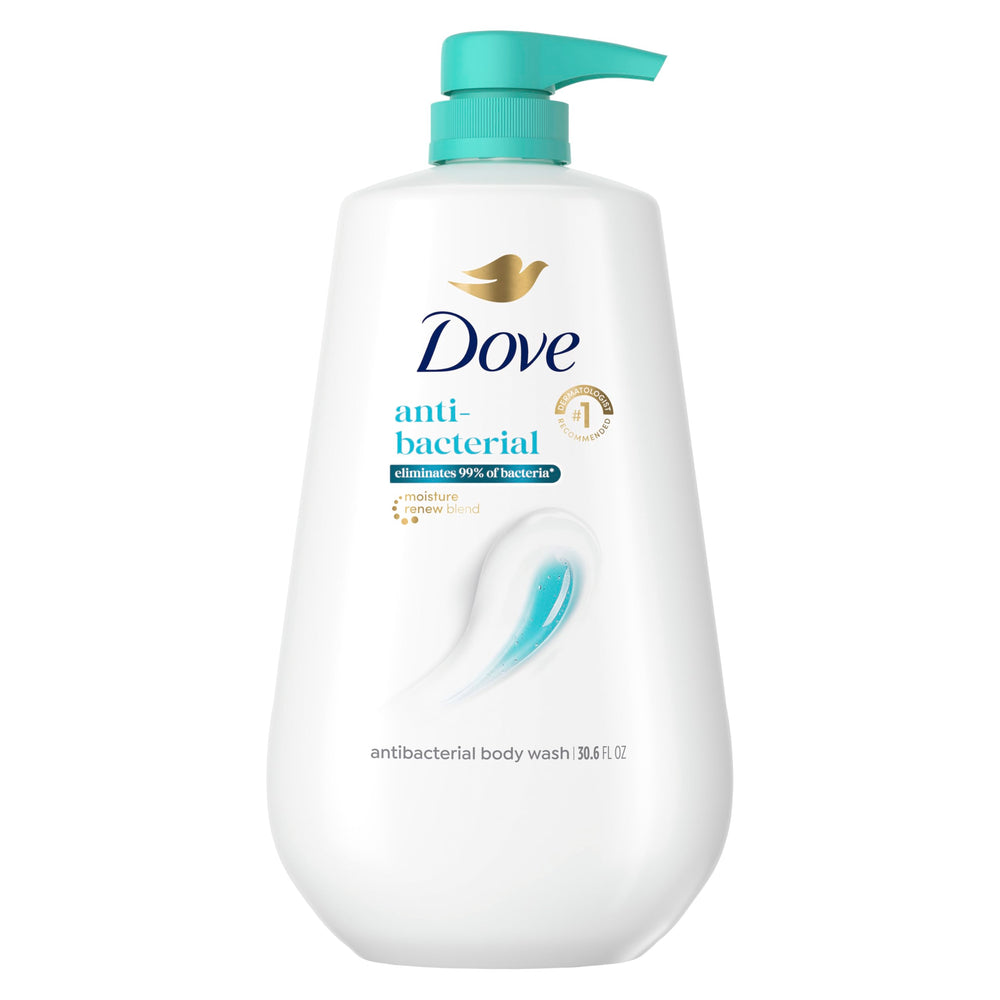 Dove bottle front packaging showing antibacterial label and long‑lasting hydration benefit