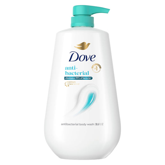 Dove bottle front packaging showing antibacterial label and long‑lasting hydration benefit
