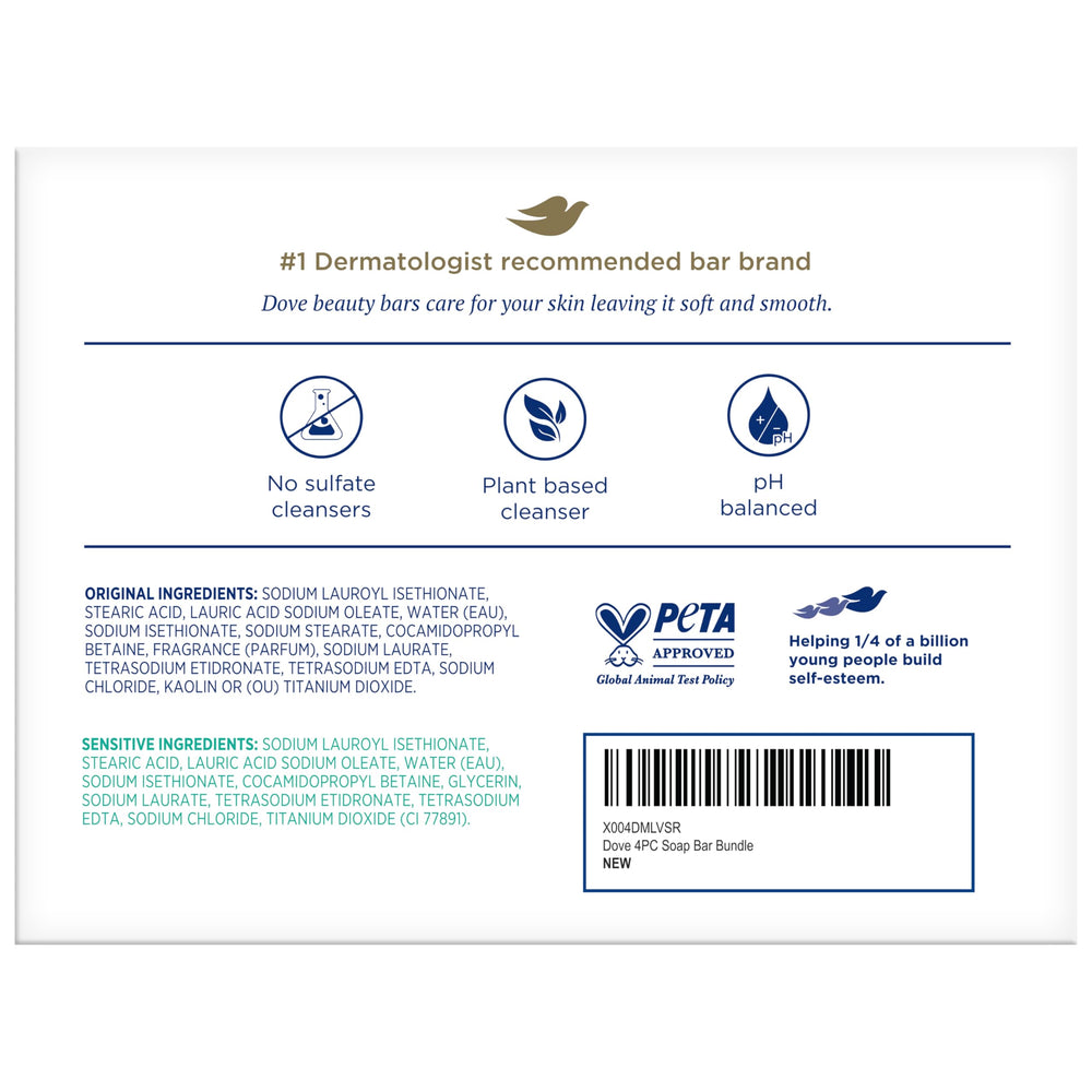 Back of Dove packaging showing ingredients and hypoallergenic notes