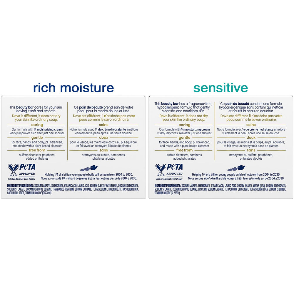 Dove sensitive bar close-up texture showing smooth, fragrance-free care
