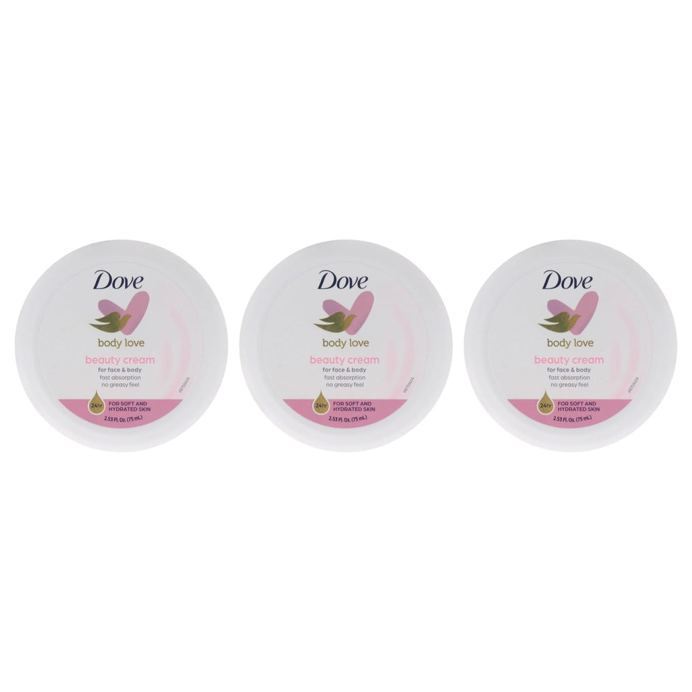 Dove Beauty Cream Pink front packaging showing three 2.7 oz jars and brand name, convenient value