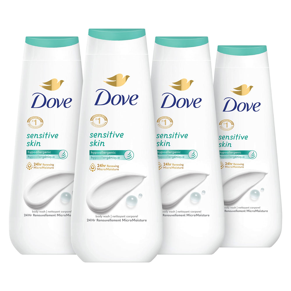 Dove bottle front packaging showing sensitive skin formula and benefits